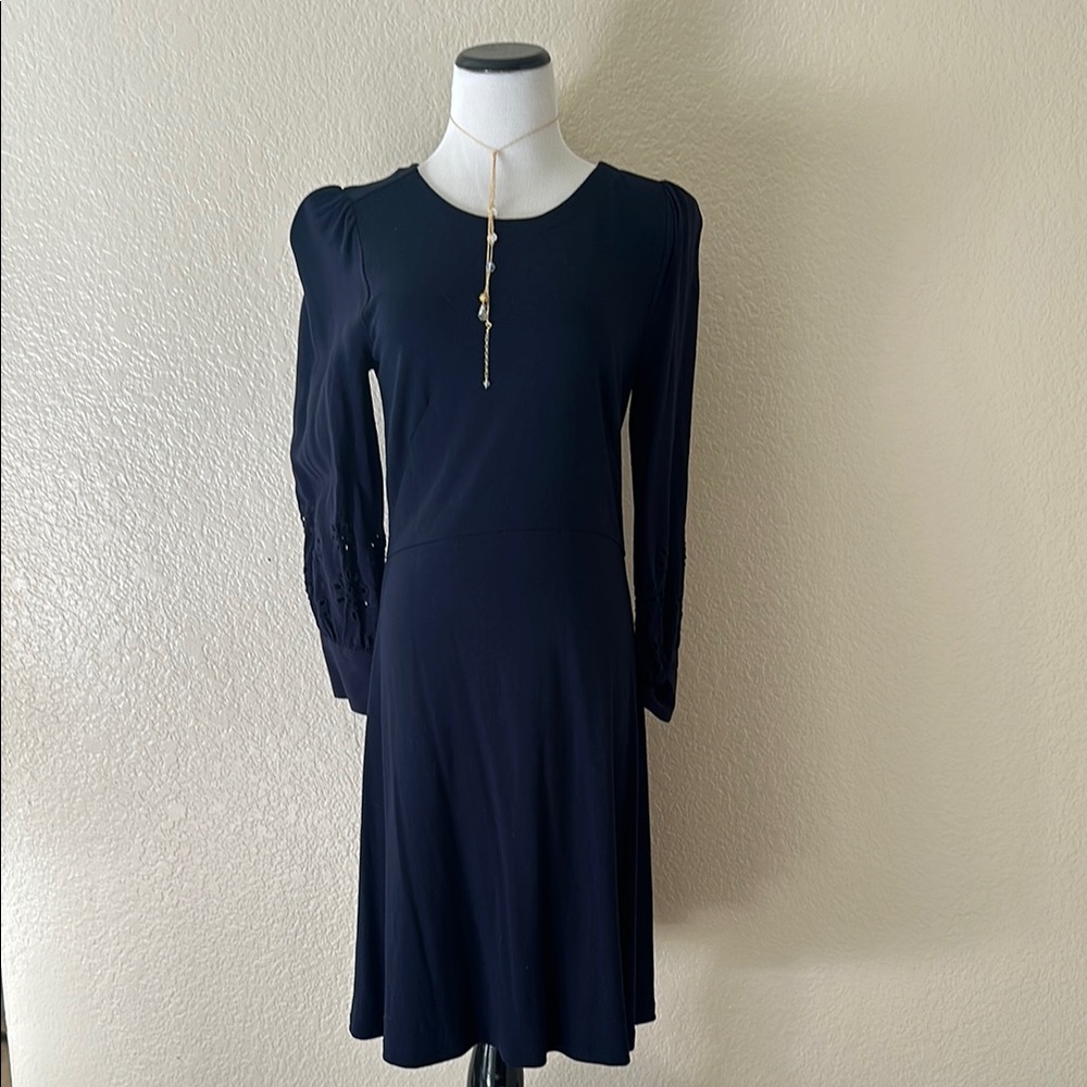 LOFT Navy Sheath Dress with Long Bishop Sleeves and Crew Neck